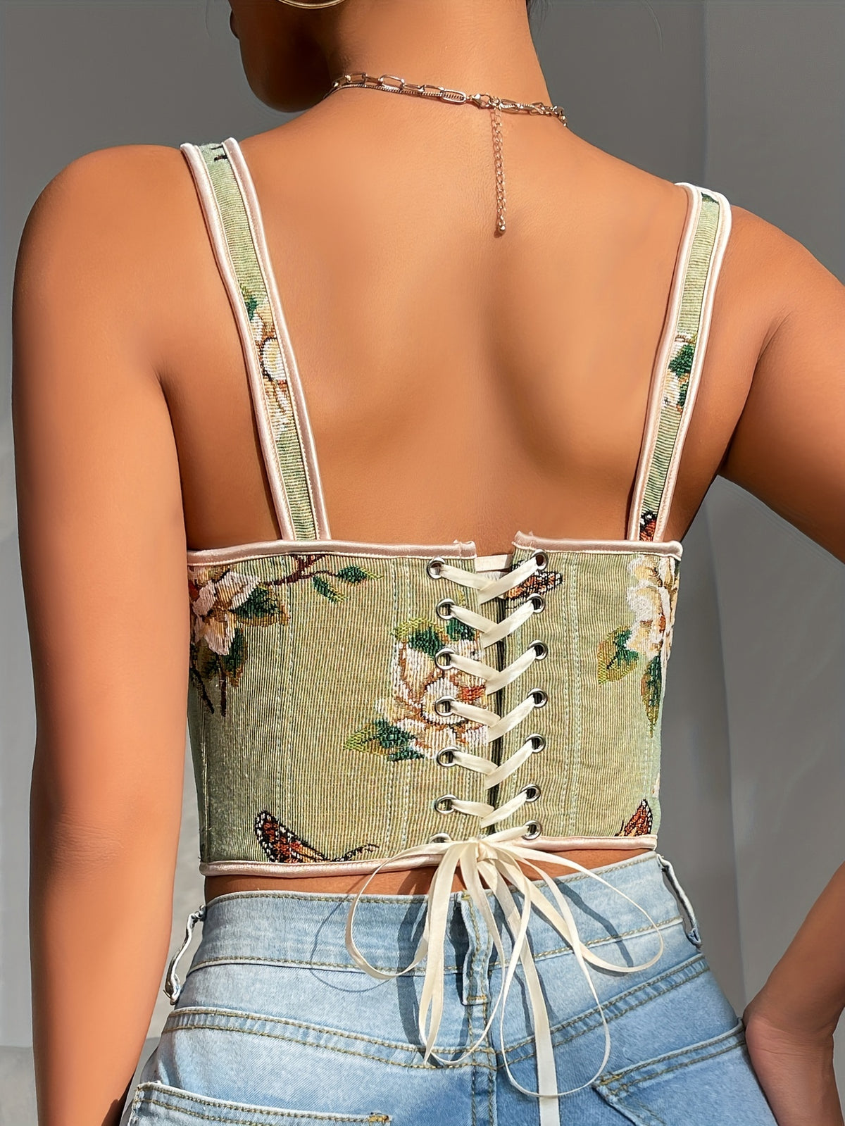 French-Style Court Bow Tie Lace-Up Floral Print Vintage Oil Painting Bodice Ball Gown Women's Camisole Printed Slim Fit Vest Corset Top for Outerwear - Light Green