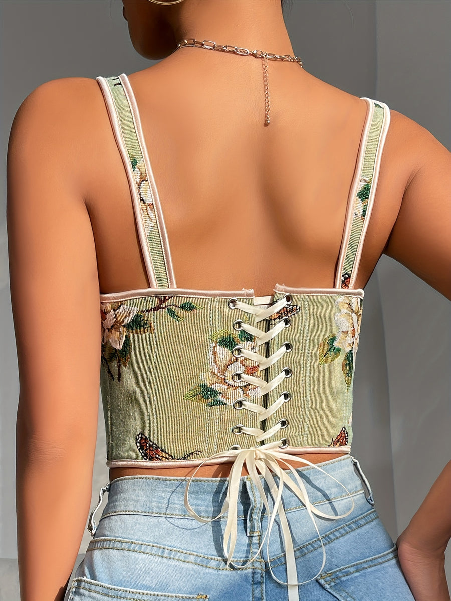 French-Style Court Bow Tie Lace-Up Floral Print Vintage Oil Painting Bodice Ball Gown Women's Camisole Printed Slim Fit Vest Corset Top for Outerwear - Light Green