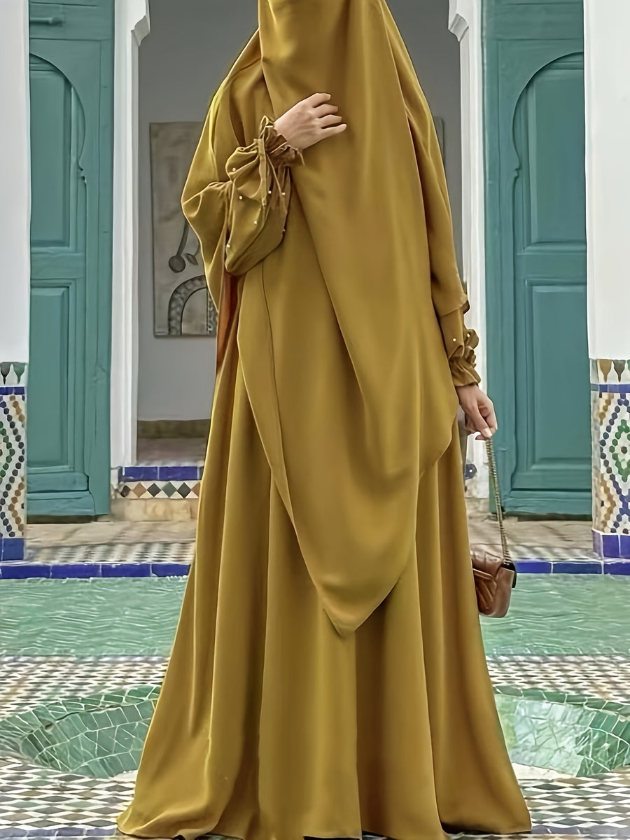 Middle Eastern Solid Color Women'S Robe with Pearl Sleeves Dress And Long Scarf 2pcs Set, Ideal for Women'S Daily Wear, Travel, And Ramadan - Yellowish-brown