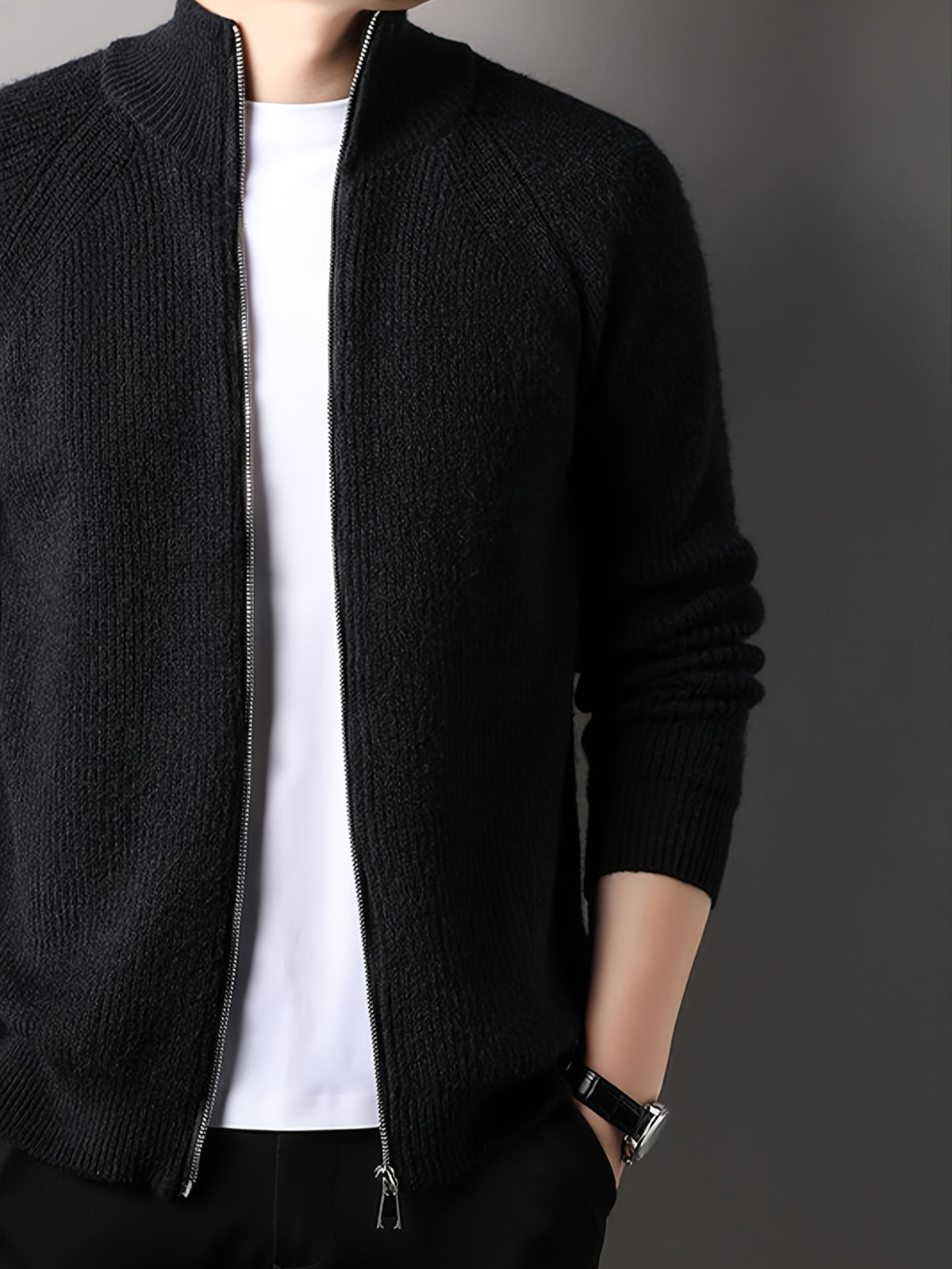 Autumn New Men'S, Solid Color Knit Cardigan, Zipper Style Trendy Comfortable, Outdoor Leisure All-Match - Black