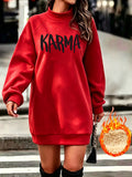 Easy KARMA Letter Print Mock Neck Long Sleeve Fleece Sweatshirt Women'S Fall Winter Casual Sweatshirt Dress - Red