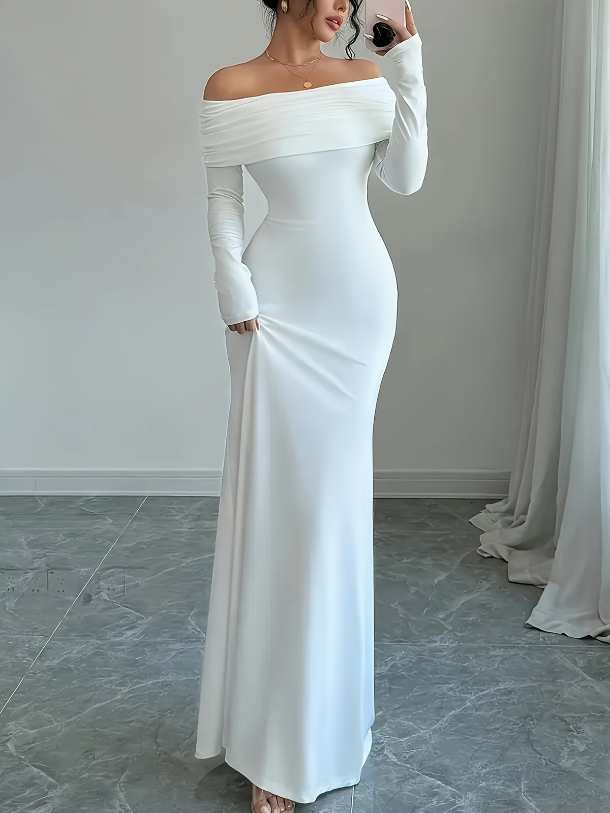 Spring And Summer Women'S Sexy Elegant Slim Long-Sleeved Waist Double-Layer Off-Shoulder Backless Knotted Fishtail Hem Dress Horizontal Orientation (BK0626061) - White
