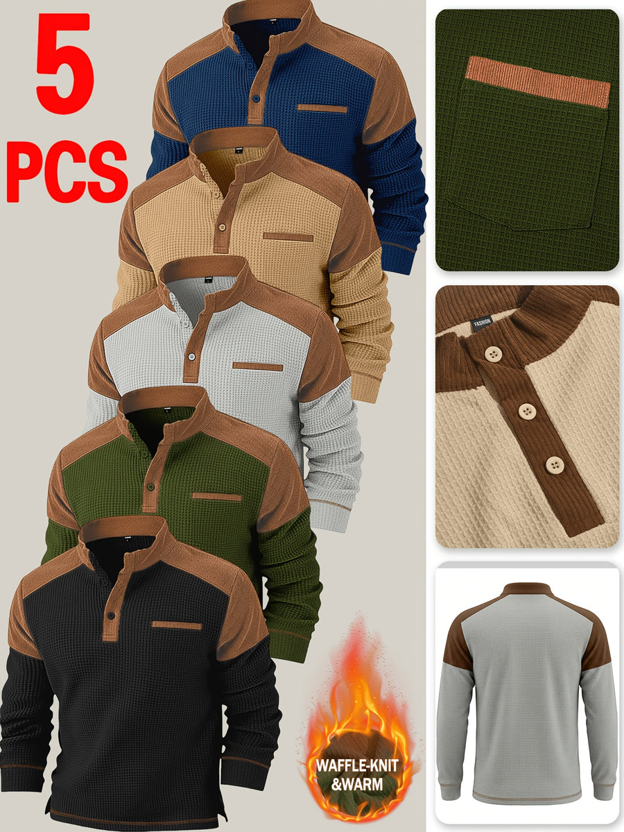 Xingfan OBM 5pcs Set Men's Waffle Knit Henley Long-Sleeve Top, Contrast Corduroy Patchwork, Half-Button Stand Collar, Vintage Casual, Autumn/Winter Warm Multi-Color Set - Mixed colors