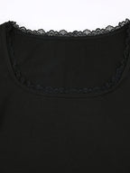 Women'S Fashion Serum Summer Short Lace Patchwork Tight Fashion T-Shirt - Black