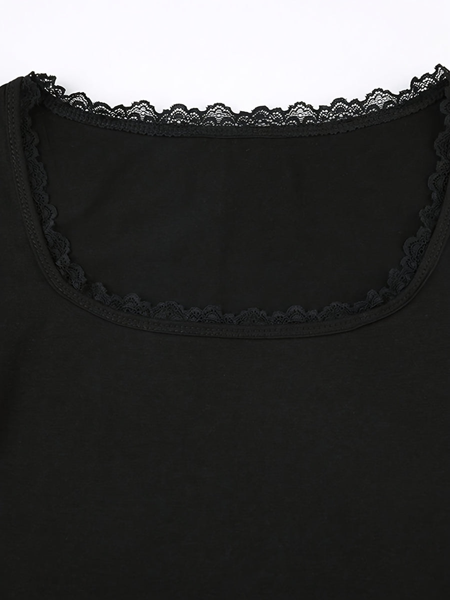 Women'S Fashion Serum Summer Short Lace Patchwork Tight Fashion T-Shirt - Black