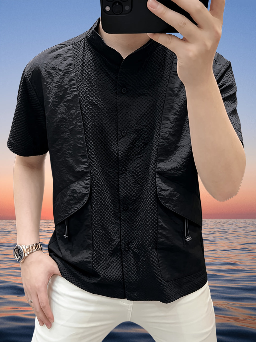Men'S Light Luxury Shirt, Men'S Designer Style Blouse, Summer Short Sleeve Shirt, Men'S Top - 10213 Gentlemen-A708 Black