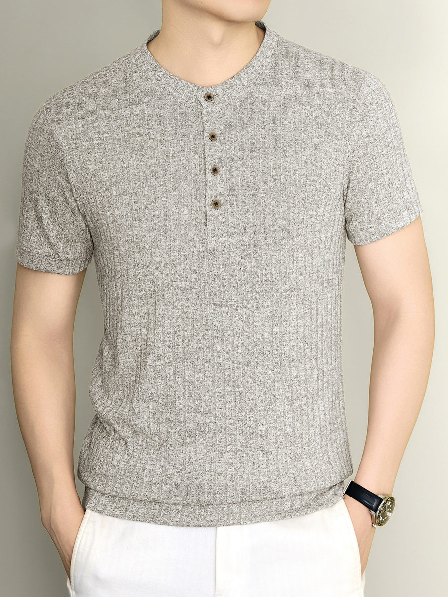 Men'S 2026 New Summer Short Sleeve, Vertical Rib Knit, Regular Fit Casual Top, Easy And Fashionable for Daily Wear, Business Commute, Vacation And Weekend Leisure - Ash