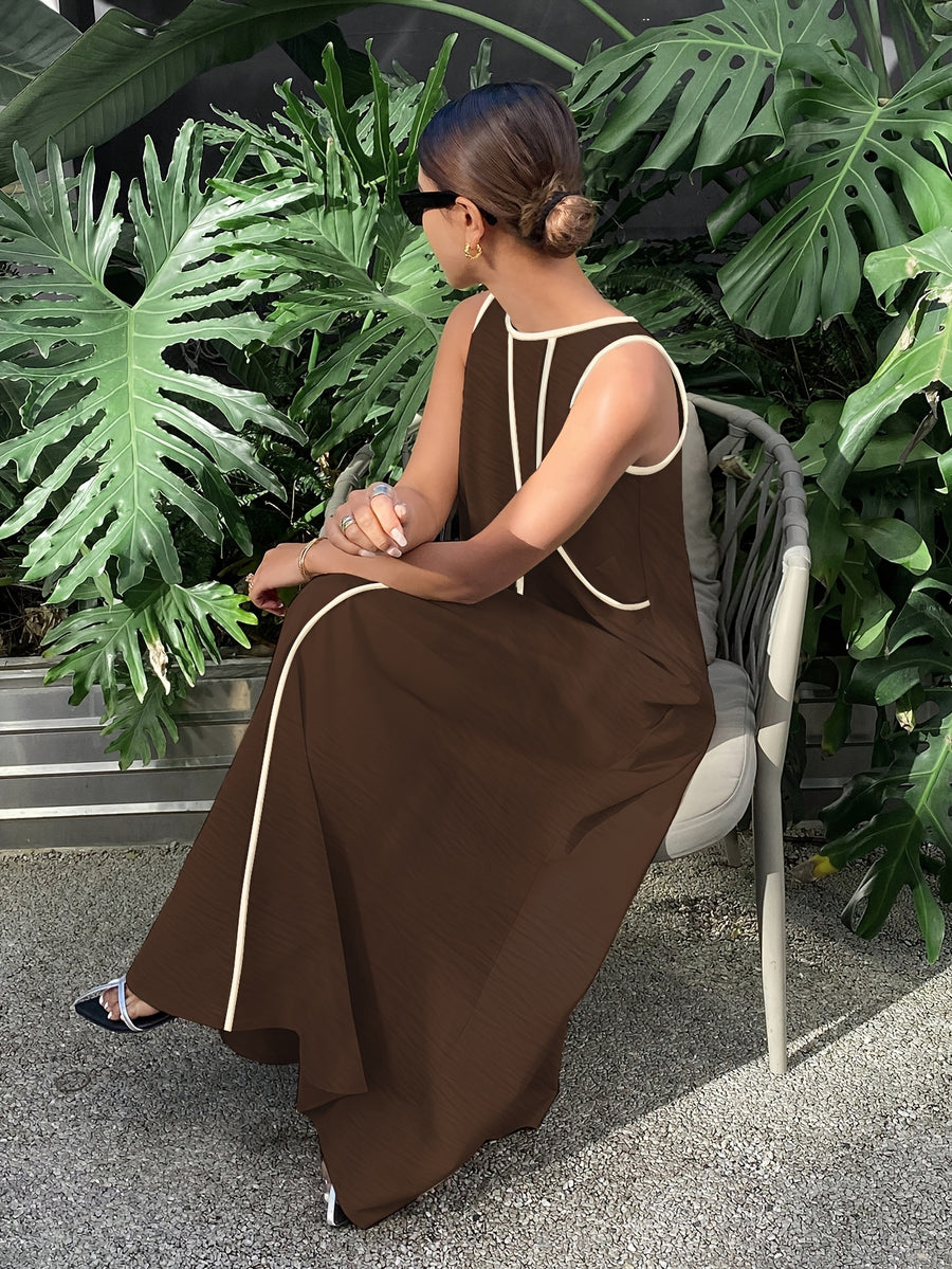 [Size for Regular Fit] Women's Simple Vacation Loose-Fit Comfortable Color-Block Contrast Trim Long Tank Dress - Coffee Brown