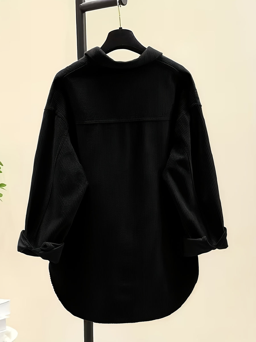 Plus Size, Women's Plus Size Corduroy Button-Front Shirt Jacket - Elegant Loose Fit Blouse, Spring Summer Fall Casual Outerwear, Machine Washable Layering Piece for to Weekend (No Bulk) - Black