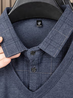 Men's 2-in-1 Look Long Sleeve Polo Shirt, Plaid Shirt Collar Spliced Top, Simple, Elegant, Delicate, and Skin-Friendly, Business Commute, Business Trip, Travel Top, Loose and Casual Men's Clothing for Home and Daily Wear, Available in Multiple Colors - Blue