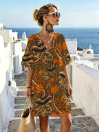 Vintage Halloween-themed V-neck Dress with Atmospheric Pumpkin, Bat, and Maple Leaf Patterns. Features a Loose, Dropped-shoulder Short-sleeve Silhouette and Soft, Skin-friendly Fabric. Suitable for Casual, Laid-back Wear, Parties, Outings, and Daily - Mixed colors