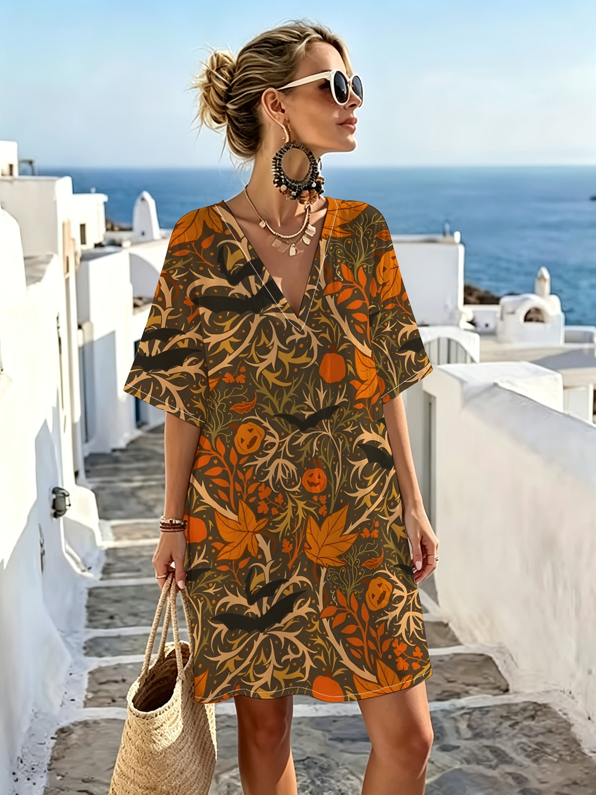 Vintage Halloween-themed V-neck Dress with Atmospheric Pumpkin, Bat, and Maple Leaf Patterns. Features a Loose, Dropped-shoulder Short-sleeve Silhouette and Soft, Skin-friendly Fabric. Suitable for Casual, Laid-back Wear, Parties, Outings, and Daily - Mixed colors