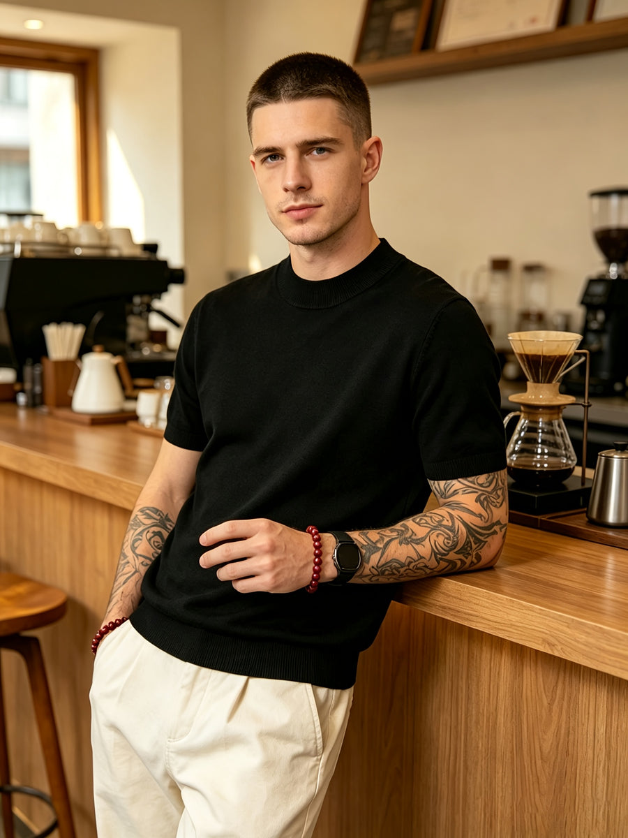 Men's Minimalist Urban Style Half-Turtleneck Short-Sleeve Knit Sweater with Fine Texture, Breathable for Spring/Summer Daily Wear - Black