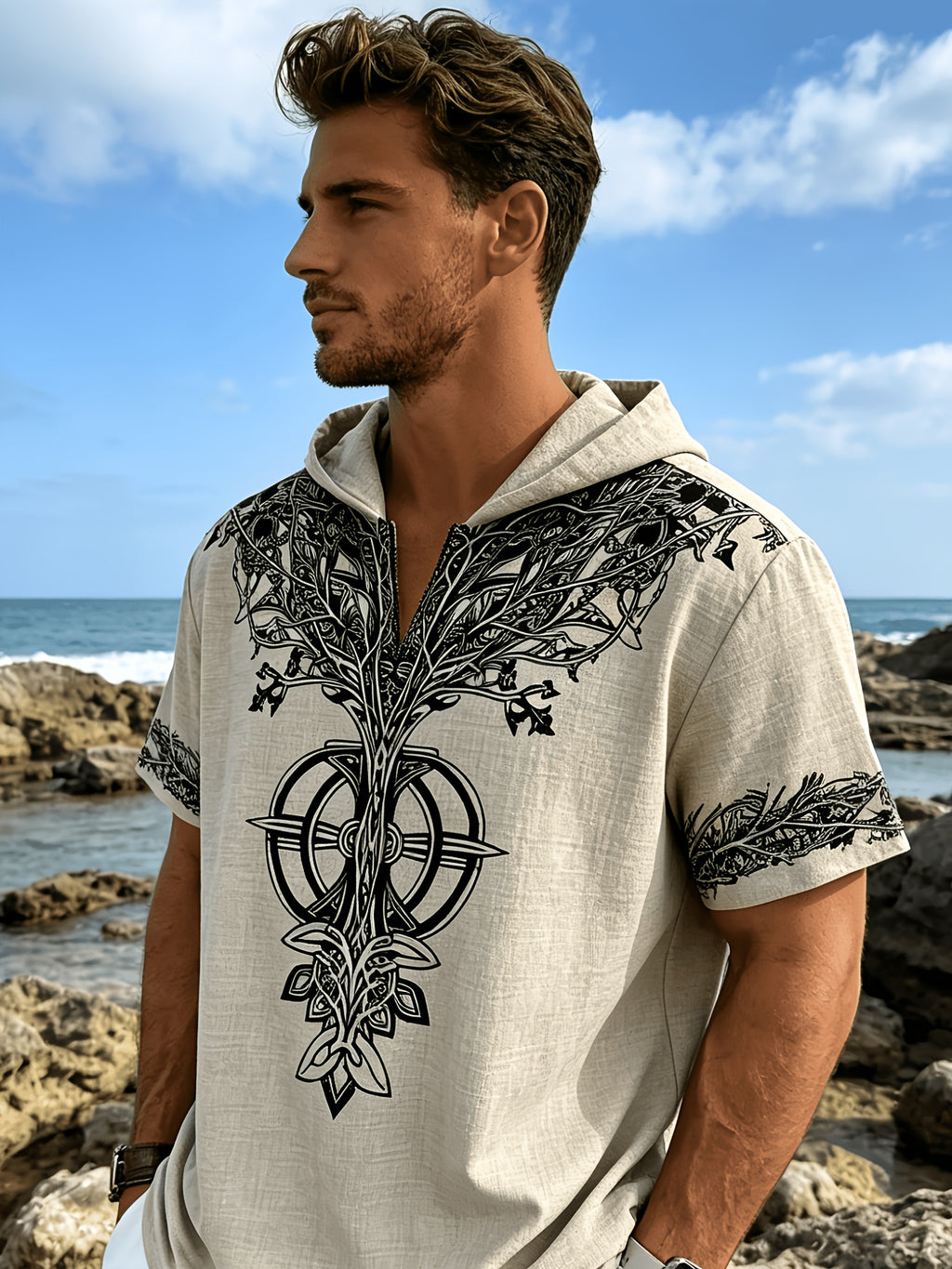 Men's Tree of Life Hooded T-Shirt - European & American Streetwear Style Short-Sleeve Top with Hood, Tree of Life Print, Machine Washable Regular Fit Casual Shirt Suitable for Casual Attire, Brand Label - Apricot
