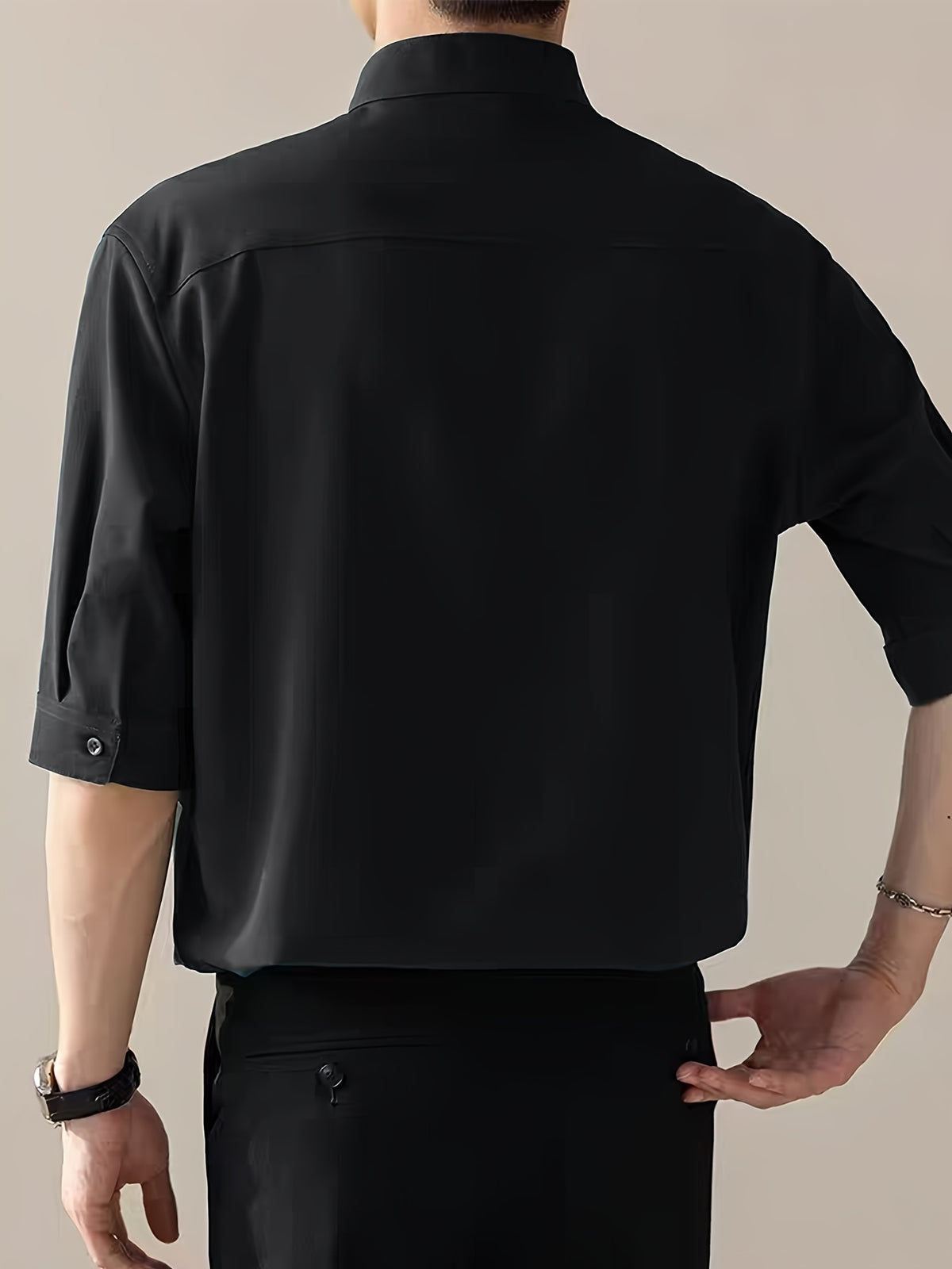 New Chinese Style Standing Collar Men's Shirt, Comfortable and Skin Friendly with Mid Sleeves, Simple and Versatile Men's Casual Shirt - Black