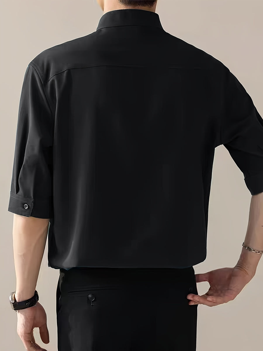 New Chinese Style Standing Collar Men's Shirt, Comfortable and Skin Friendly with Mid Sleeves, Simple and Versatile Men's Casual Shirt - Black
