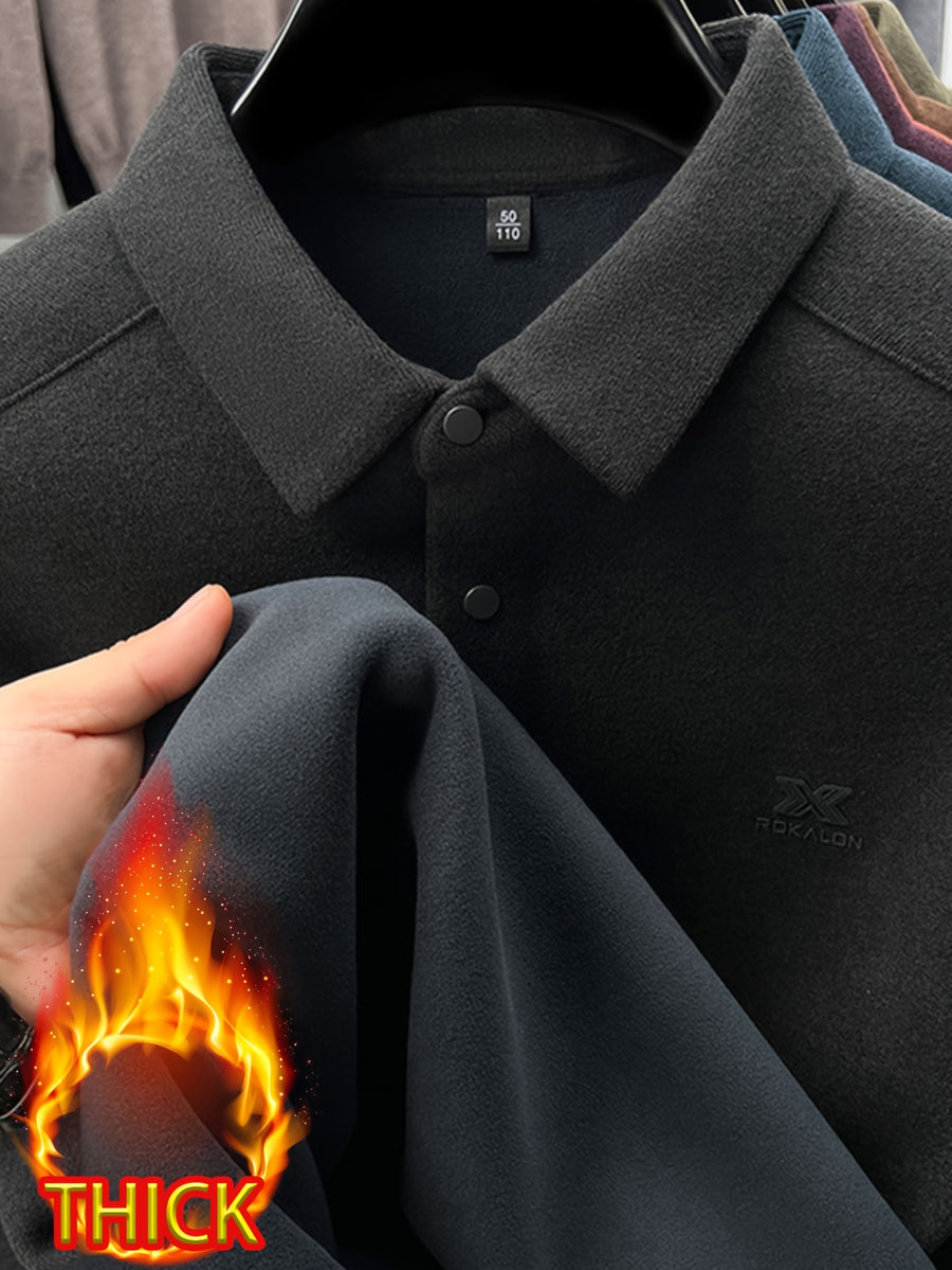 Thickened Men'S 3-Button Collar Polo Pullover Long Sleeve, Buttoned Placket, Ribbed Cuffs, Suitable for Autumn Inner And Outer Wear - SINBOS - Deep Grey