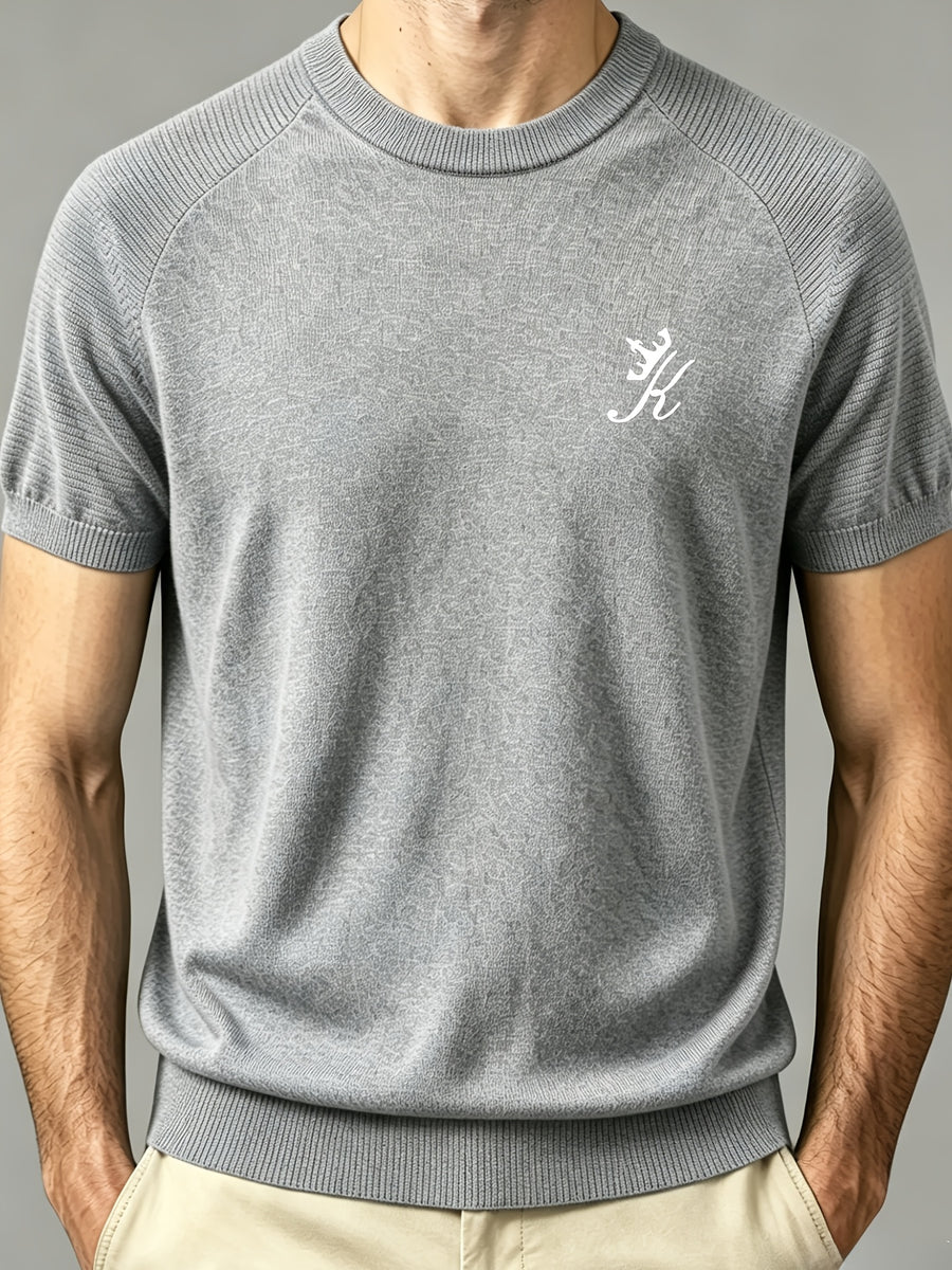 Men's Round Neck Raglan Sleeve Short Sleeve T-Shirt, Summer Breathable Solid Color Casual Versatile Business Short Sleeve Base Layer - Grey