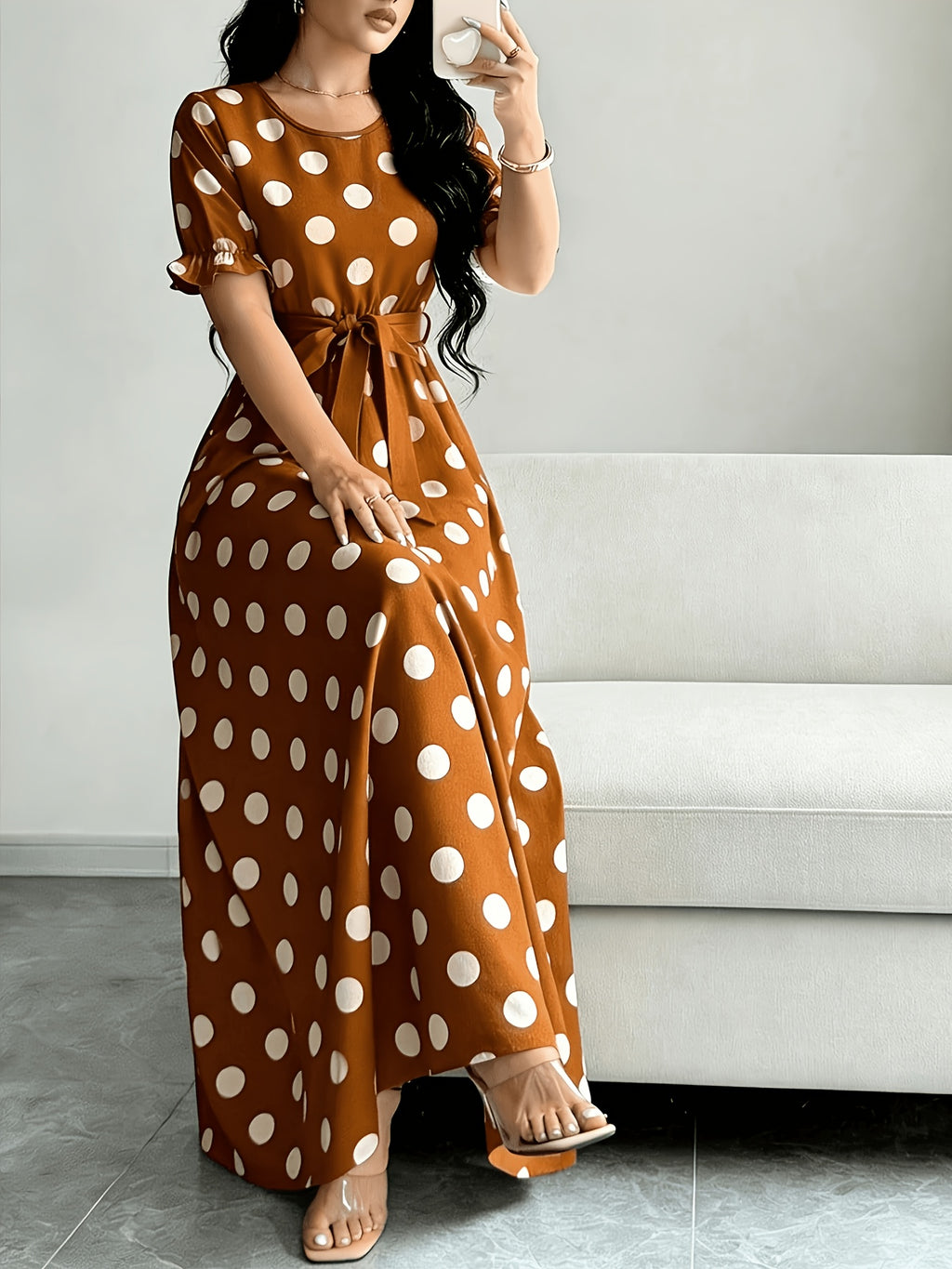 Women'S Printed Round Neck Casual Waist Dress - Yellowish-brown
