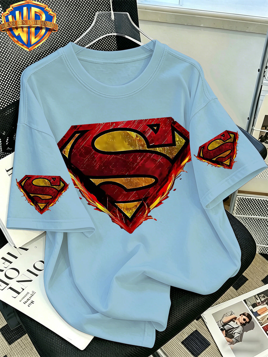 Warner Bros. Official Classic Pure DC Superman Classic S-Logo T-Shirt, Men's 100% Pure Casual Comfortable Multi-Functional Loose-Fit Summer Short-Sleeve T-Shirt, Suitable for Outdoor Wear - Light Blue