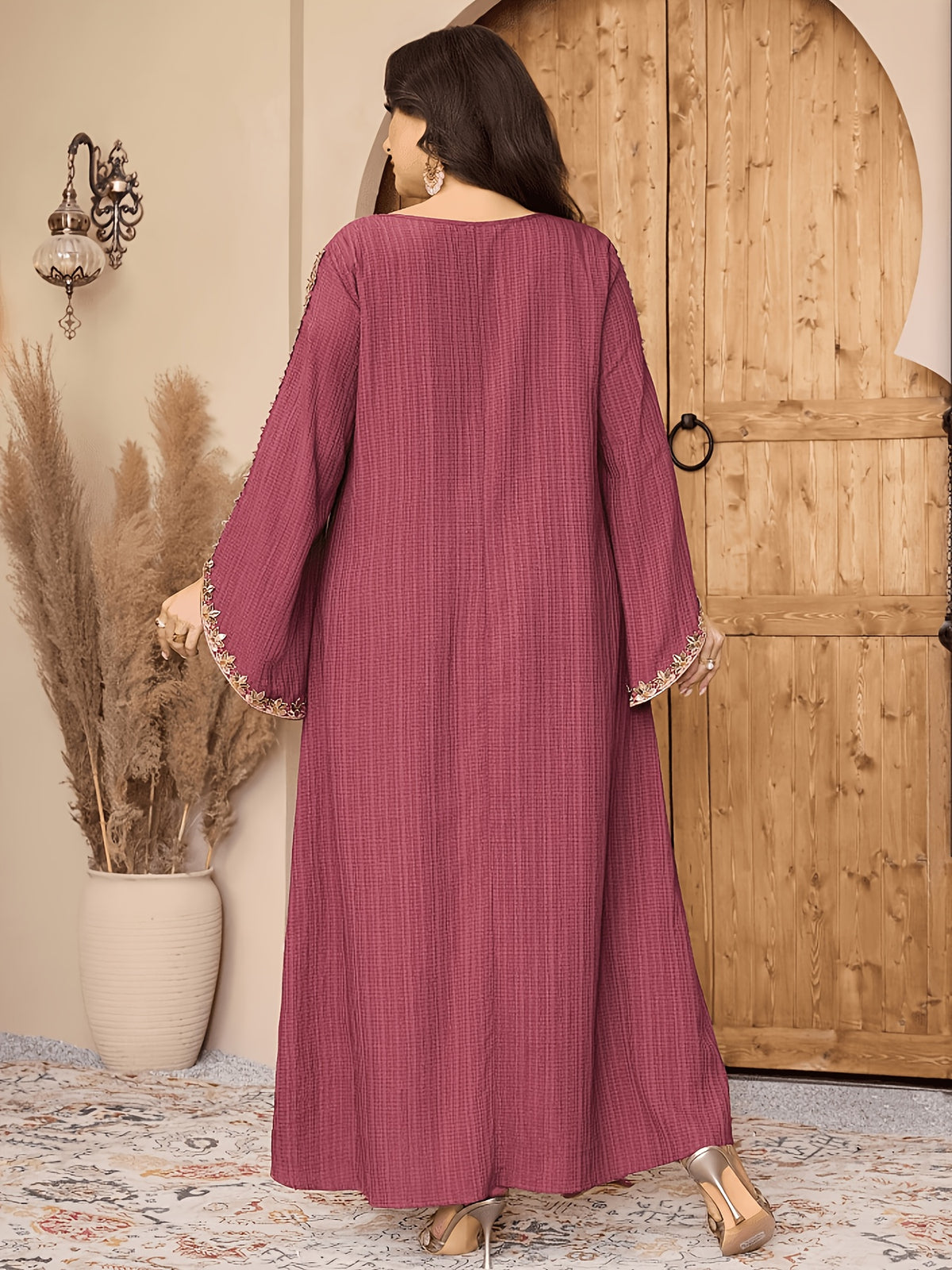 A Long Floral Dress with a V-Neck, Featuring Wide Sleeves, This Elegant Robe Is a Traditional Middle Eastern Garment, Similar to a Turkish Kaftan - Burgundy