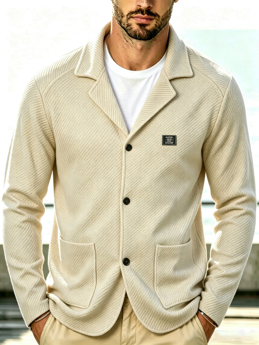 Men's New Spring, Autumn, and Winter Collection: Twill Textured Fabric Single-Breasted Notched Lapel Cardigan with Double Pockets, a Versatile Long-Sleeve Business Casual Outerwear. Soft, Comfortable, and Stylish Knitted Solid-Color Jacket - Khaki