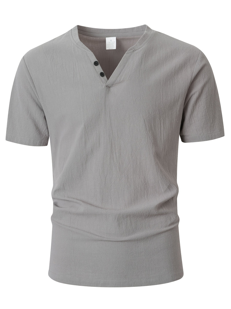 Men's Linen Henley Collar Short Sleeve T-Shirt, Summer Vacation Style Breathable Loose Fit Casual Top, Versatile Thin Shirt for Beach and Commuting - Grey
