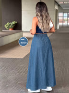 [Printed Pants - Not Denim Fabric] Spring/Autumn Vintage Latin American Style High-Waist Slit Skirt with Large Pockets, Non-Denim - Blue