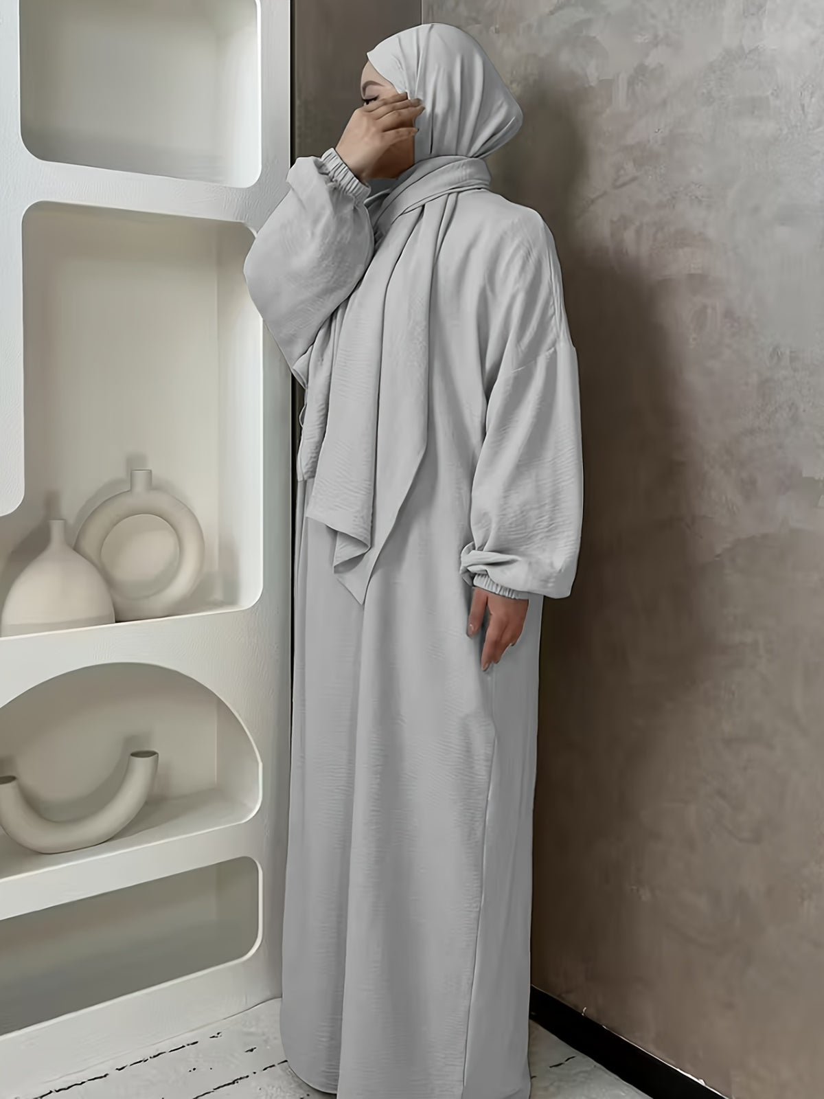 1pc And Abaya One-Piece Dress, Prayer Jilbab Fashionable, Elegant And Casual Solid-Colored Puff Sleeve Suitable for Daily Wear. Loose And Comfortable Women'S Abaya Robe - Light Grey