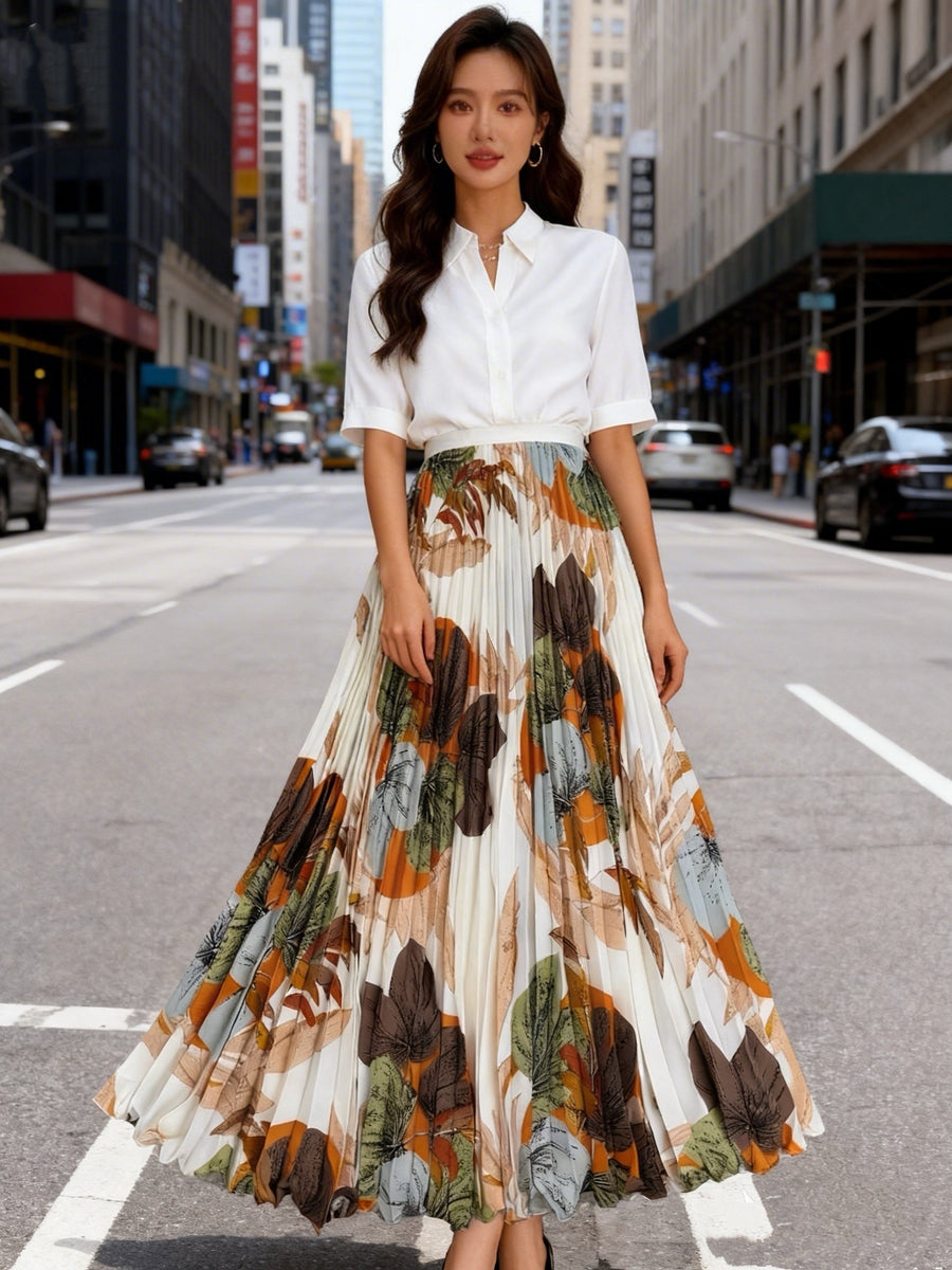 Summer High-End Print Long Dress Pleated Large Swing Skirt - Mixed colors
