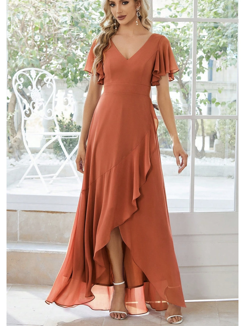 ZD1031002 Elegant V-Neck Flounce Sleeve Asymmetrical Slit Maxi Dress with Waist-Defining Drape, Bridesmaid Wedding Dress Evening Gown - Brick Red