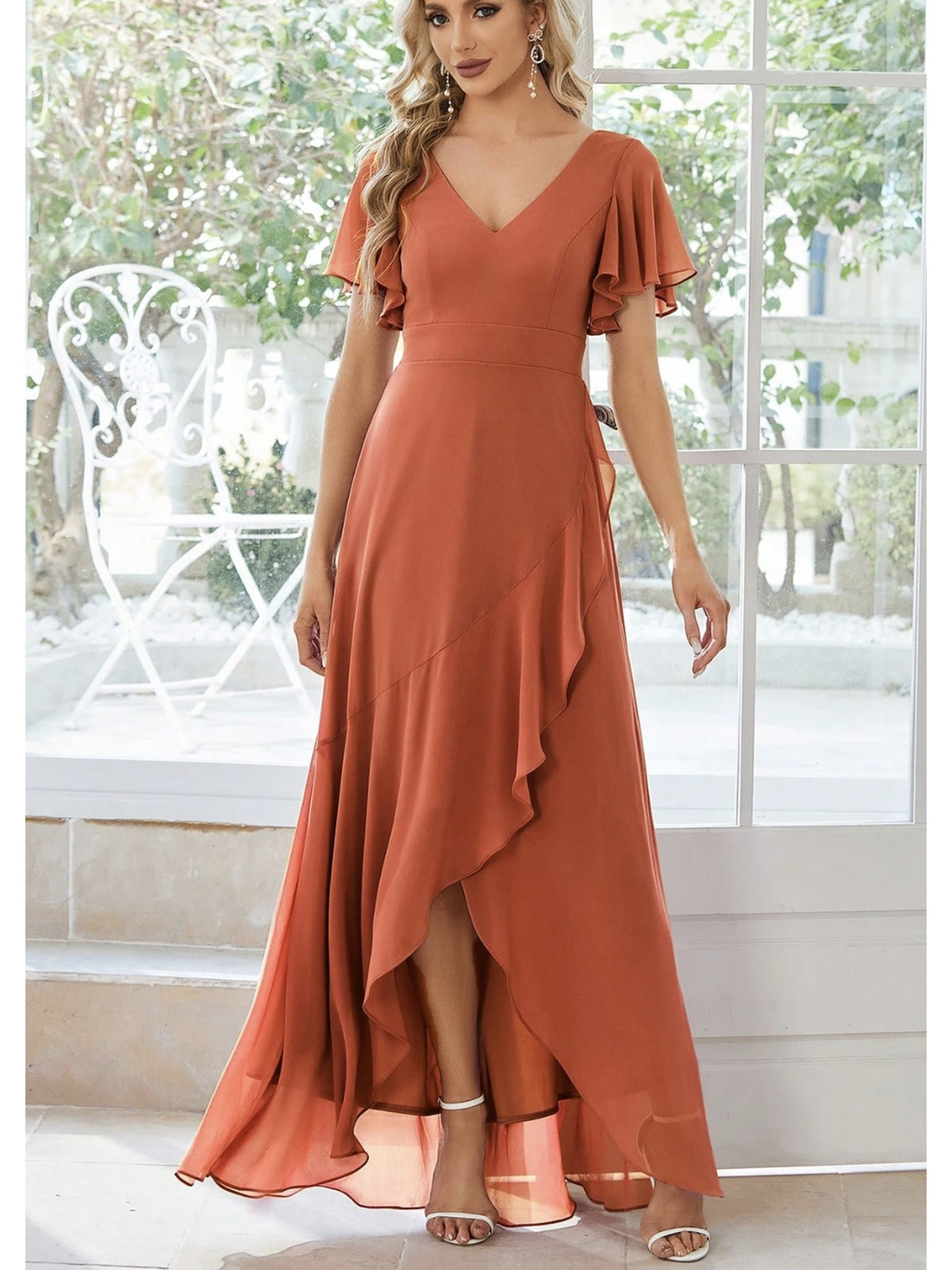 ZD1031002 Elegant V-Neck Flounce Sleeve Asymmetrical Slit Maxi Dress with Waist-Defining Drape, Bridesmaid Wedding Dress Evening Gown - Brick Red