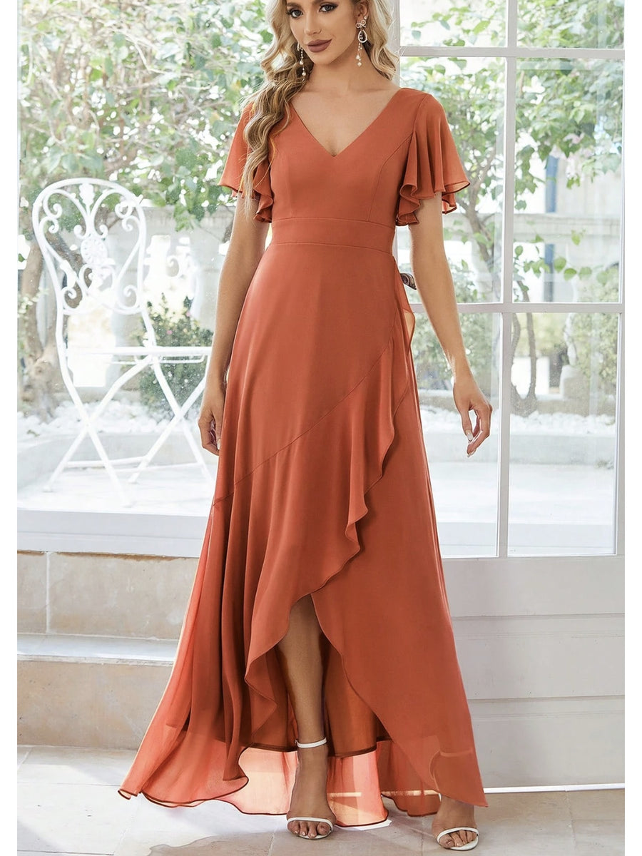 ZD1031002 Elegant V-Neck Flounce Sleeve Asymmetrical Slit Maxi Dress with Waist-Defining Drape, Bridesmaid Wedding Dress Evening Gown - Brick Red