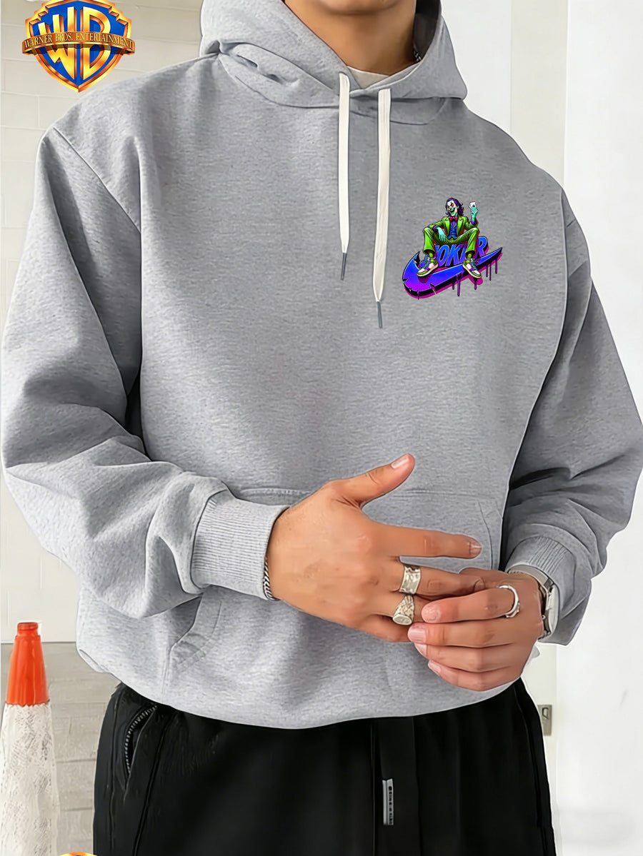 Warner Bros. Licensed, Purple Blue Neon Fluid Droplet Green Suit Bow Tie Licensed Clown Trendy Cool Print Men'S Fashion Hooded Sweatshirt, Sleeve Print Design, Kangaroo Pocket, Drawstring Hood, Suitable for Casual Wear And Outdoor Activities - Light Grey