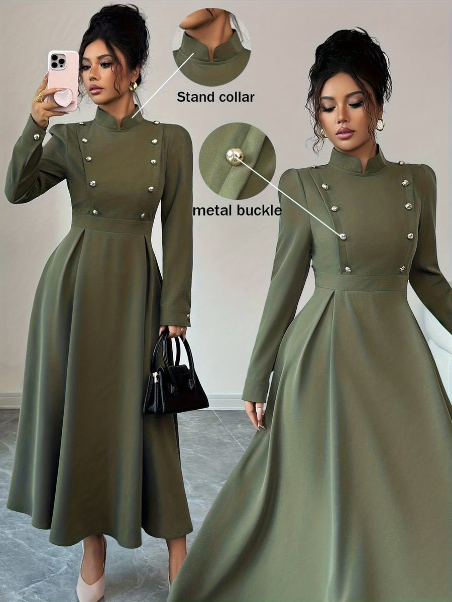 Women's Spring and Autumn Elegant Commuter Fashion Double-Breasted Decorative Long Sleeve Waist-Cinching Long Dress - olive drab
