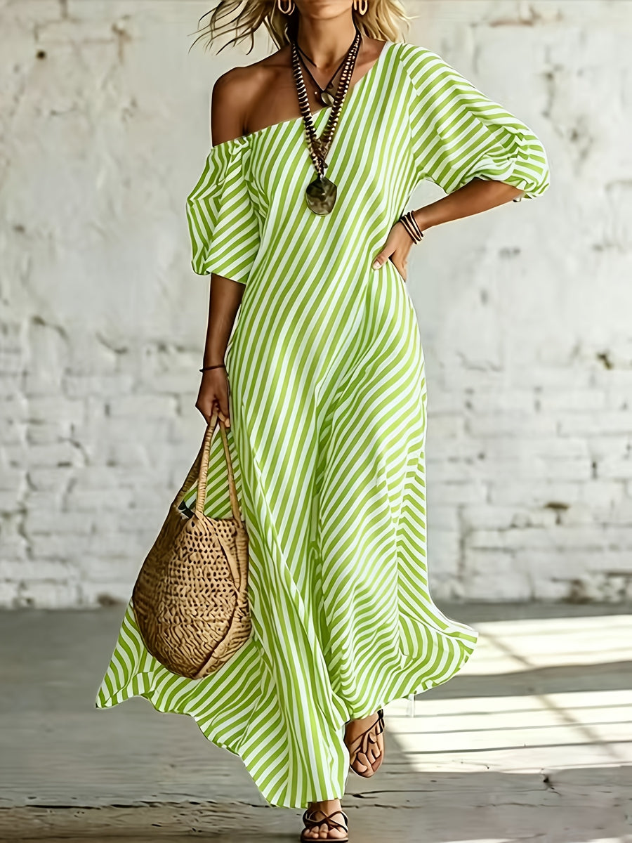 Women'S Elegant Asymmetrical Shoulder Stripe Long Dress, Summer Bohemian Vacation Loose Short Sleeve Maxi Skirt - Yellow-green