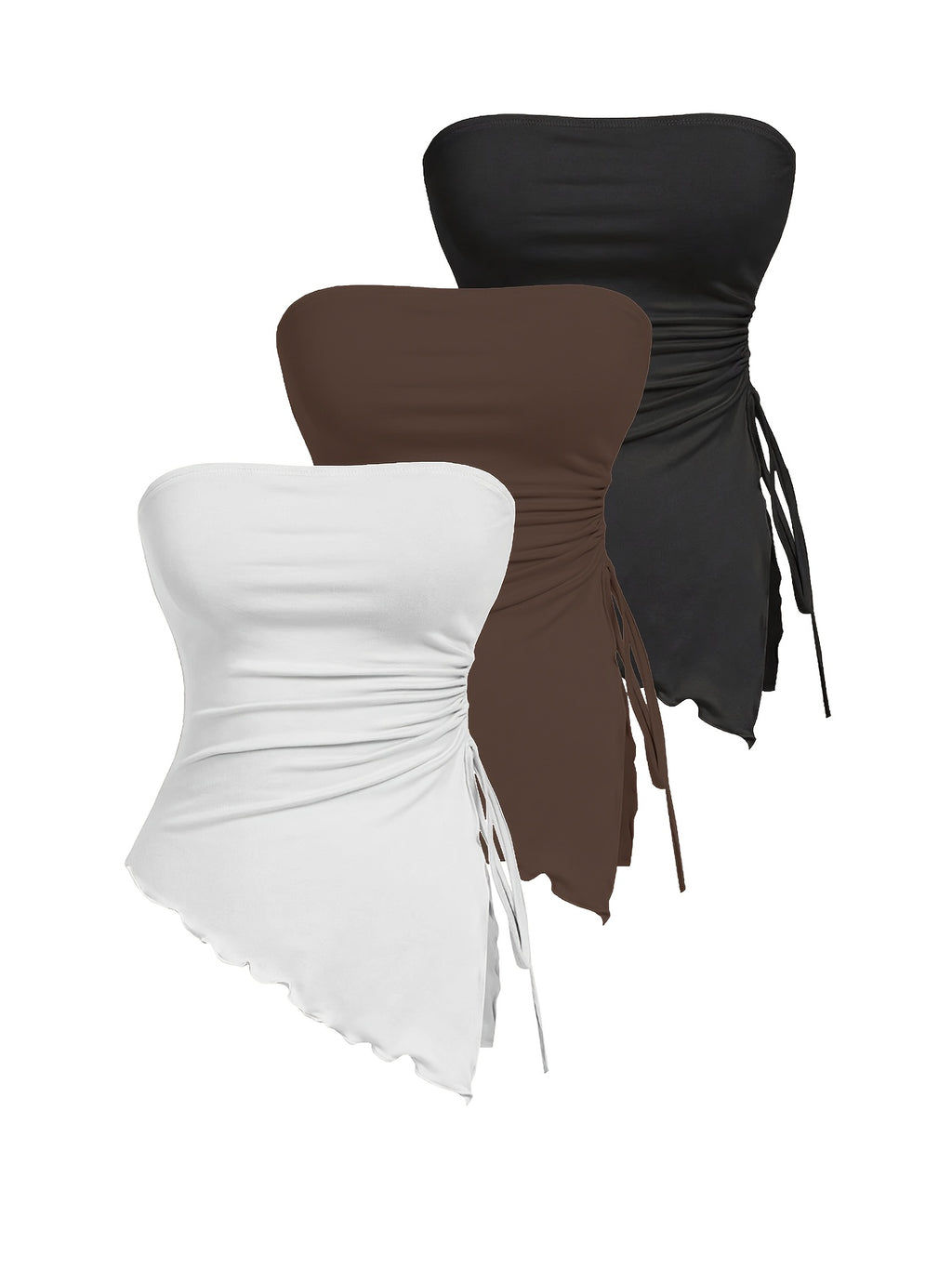 Women'S 3-Pack Strapless Top Drawstring Side Ruched Asymmetrical Tube Tops - Black/Brown/White
