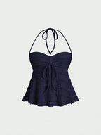 Niannian's Choice Solid Color Drawstring Halter Neck Backless Sexy Tank Top - Blue Navy