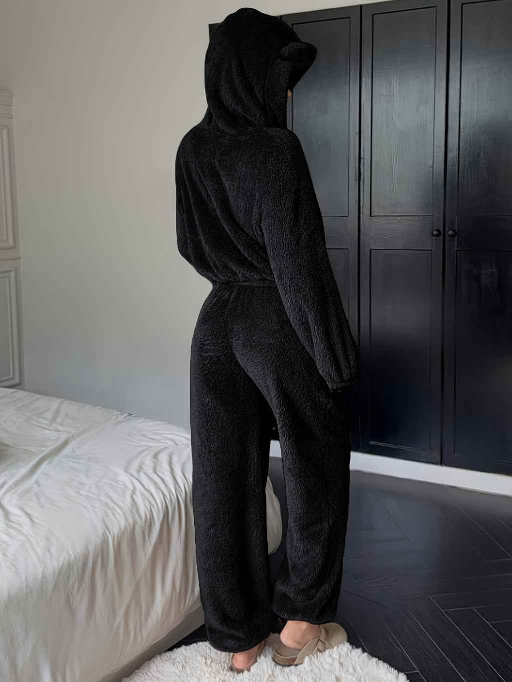 Women's Khaki Fluffy Casual Loose Double-Sided Set "Wilderness - Black