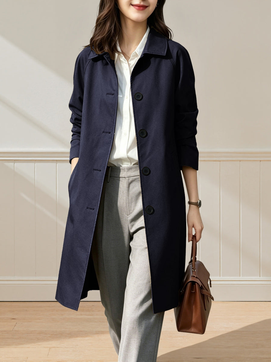 Women'S British Style Mid-Length Trench Coat, Easy And Atmospheric Commuter Temperament Style Jacket, Non-Picky Body Farewell to Passerby Look, Unlined Fabric Style - Navy Color