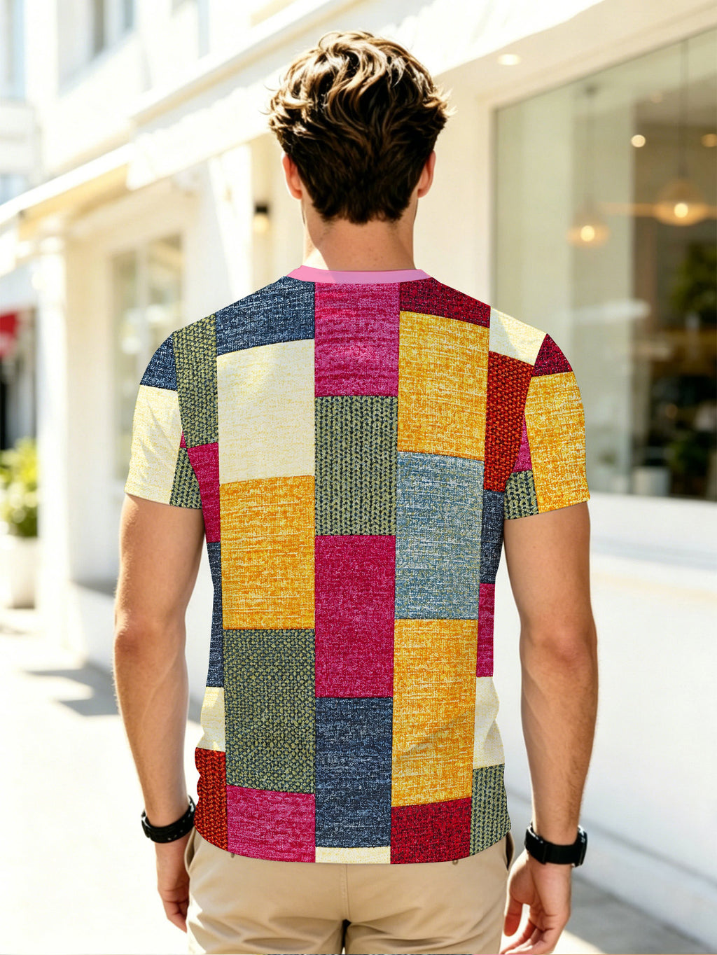 Men's Casual T-Shirt, Color Block Checkerboard Print T-Shirt – Modern Geometric Style Design, Classic Crew Neck Fit, Machine Washable Summer Casual Top, Chic Gift, Combines Color Block Checkerboard Artistry with Fashion Sense, for Daily Wear - Mixed colors