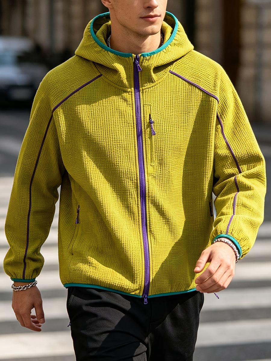 2026 New Men's Waffle Knit Textured Sport Jacket, Spring/Autumn Lightweight Hooded Outerwear, Suitable for Sports & Fitness, Outdoor Activities, Daily Home Wear, and Casual Outings - ginger-colored