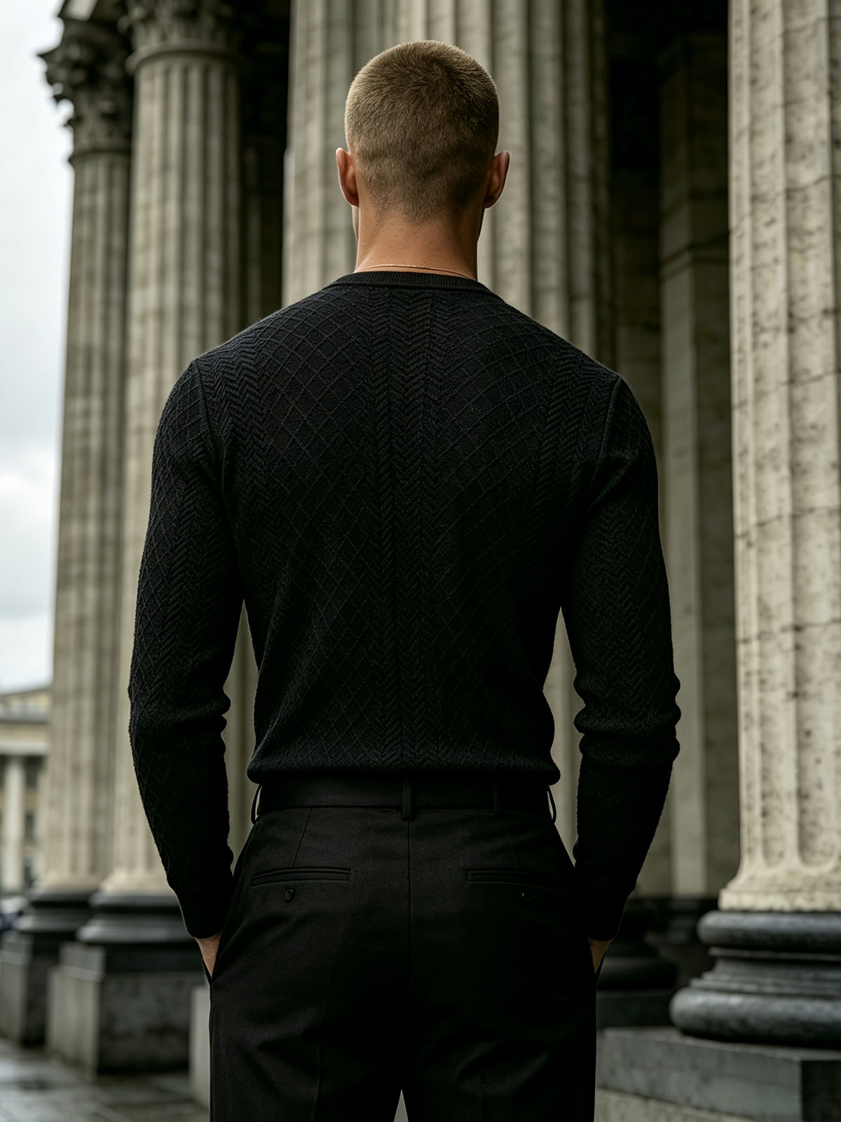 Joshmei OBM Black Friday Men's Dark Gray Geometric Knit Henley Neck Top, Diamond Weave Jacquard Pattern, Refined Casual Style, Autumn/Winter Slim Fit Long Sleeve Pullover, Suitable for Daily Commuting, Streetwear, and Weekend Gatherings - Black