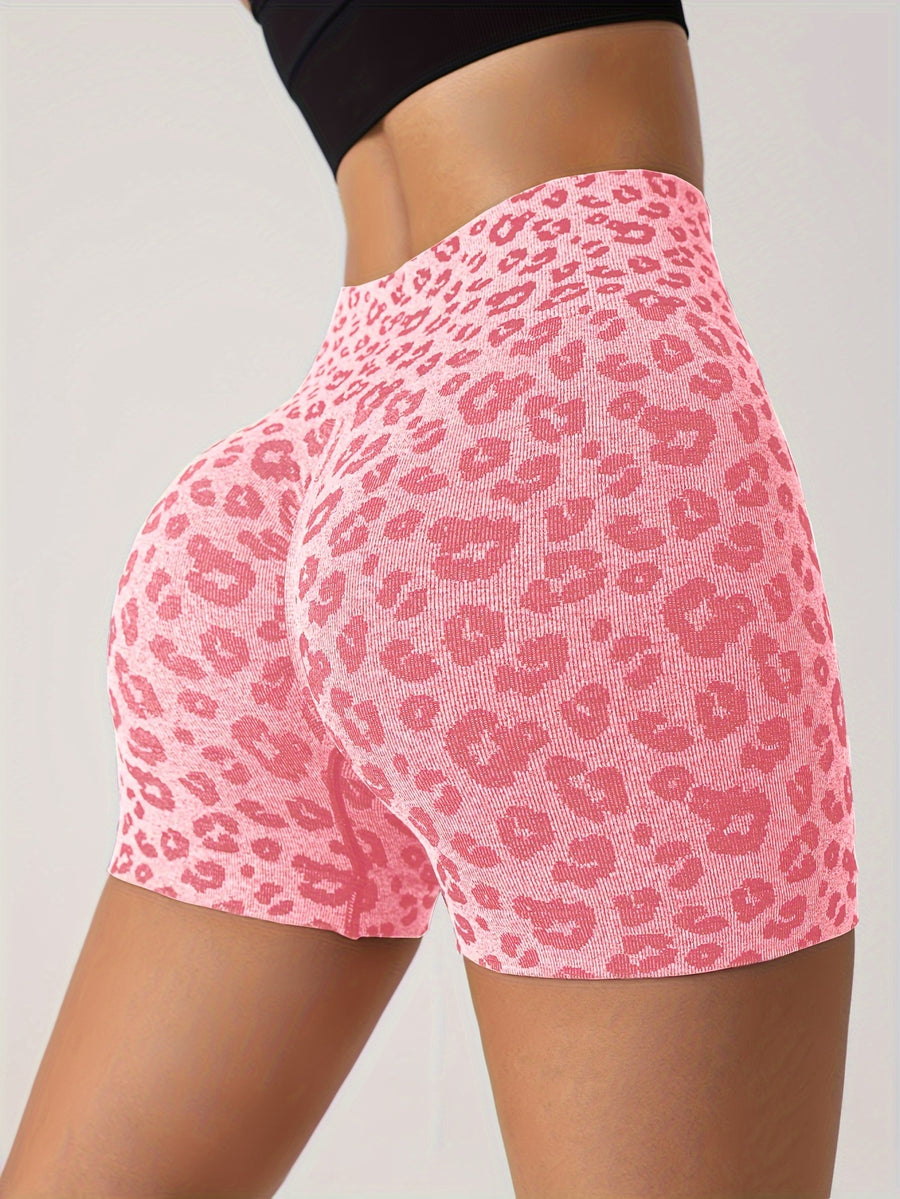 Women's High-waisted Shorts, Perfect for Yoga, Workouts, and Daily Wear, Leopard Print Outdoor Sport Shorts - Pink Color