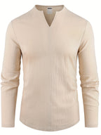 Spring New Men'S Long Sleeve Shirt Solid Color Loose Casual Soft Shirt Basic Daily Fashion V-Neck Men'S Top - Khaki