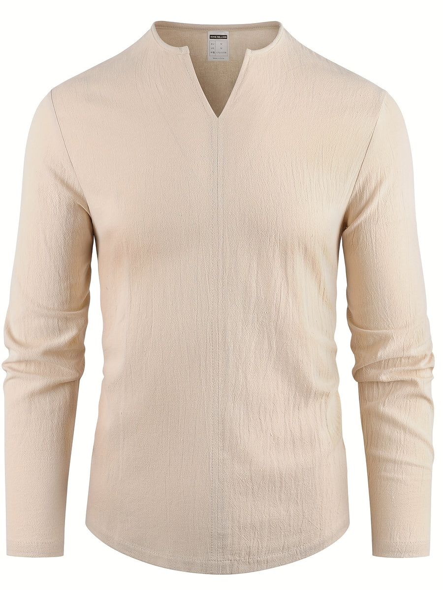 Spring New Men'S Long Sleeve Shirt Solid Color Loose Casual Soft Shirt Basic Daily Fashion V-Neck Men'S Top - Khaki