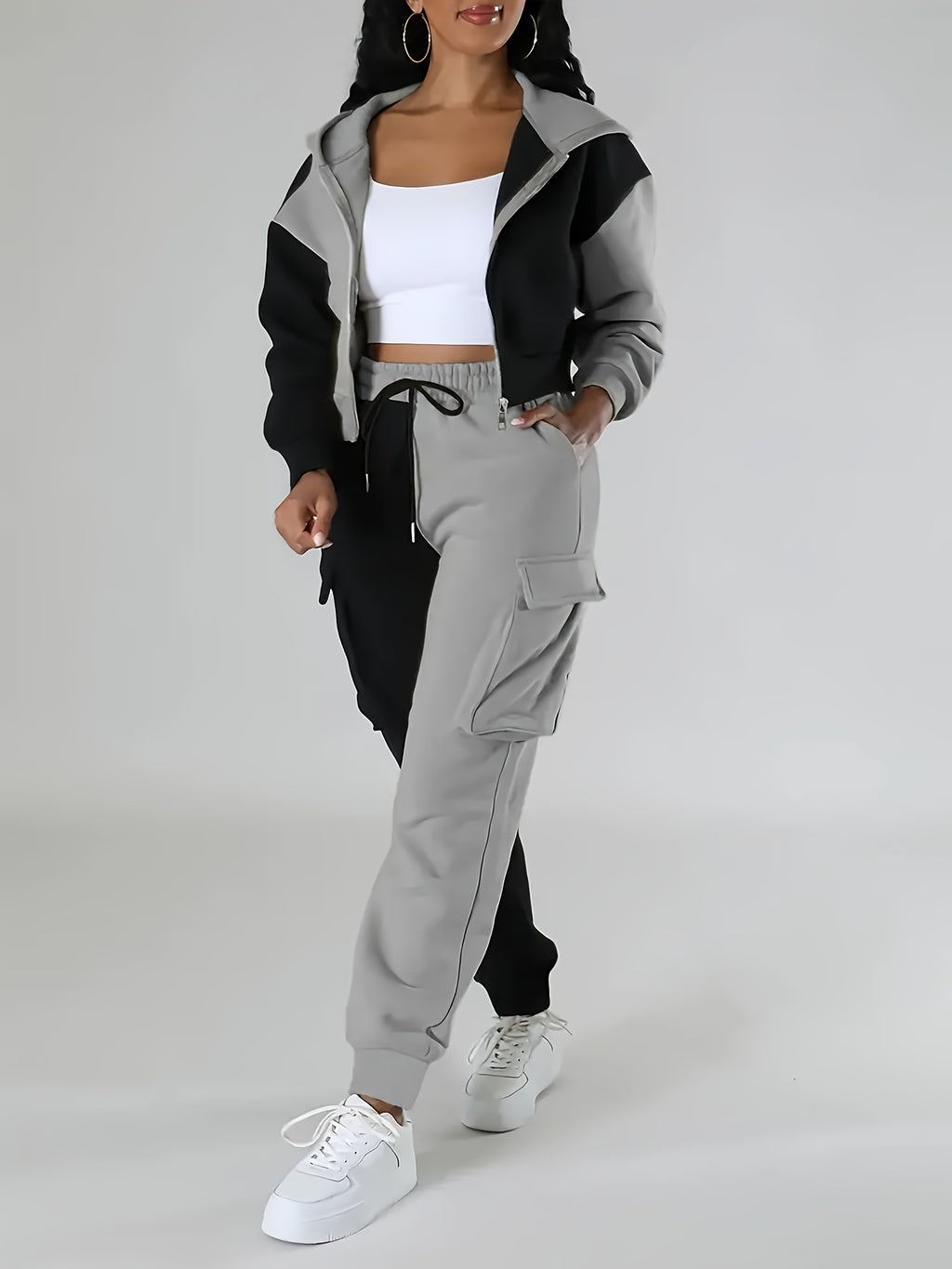 Fashion Women'S Clothing, Color-Block Hooded Casual Set - Black And Grey