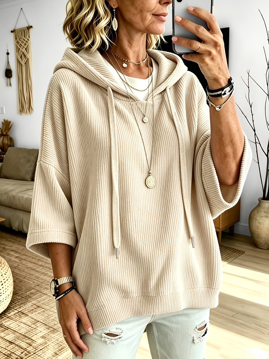 Plus Size - Women'S Casual Corduroy Drawstring Hooded Sweatshirt, Classic Versatile Hooded Top Elegant Women'S Top, Loose Fit Comfortable Sweatshirt Suitable for Commute And Casual Wear Spring/Autumn Clothing - Apricot