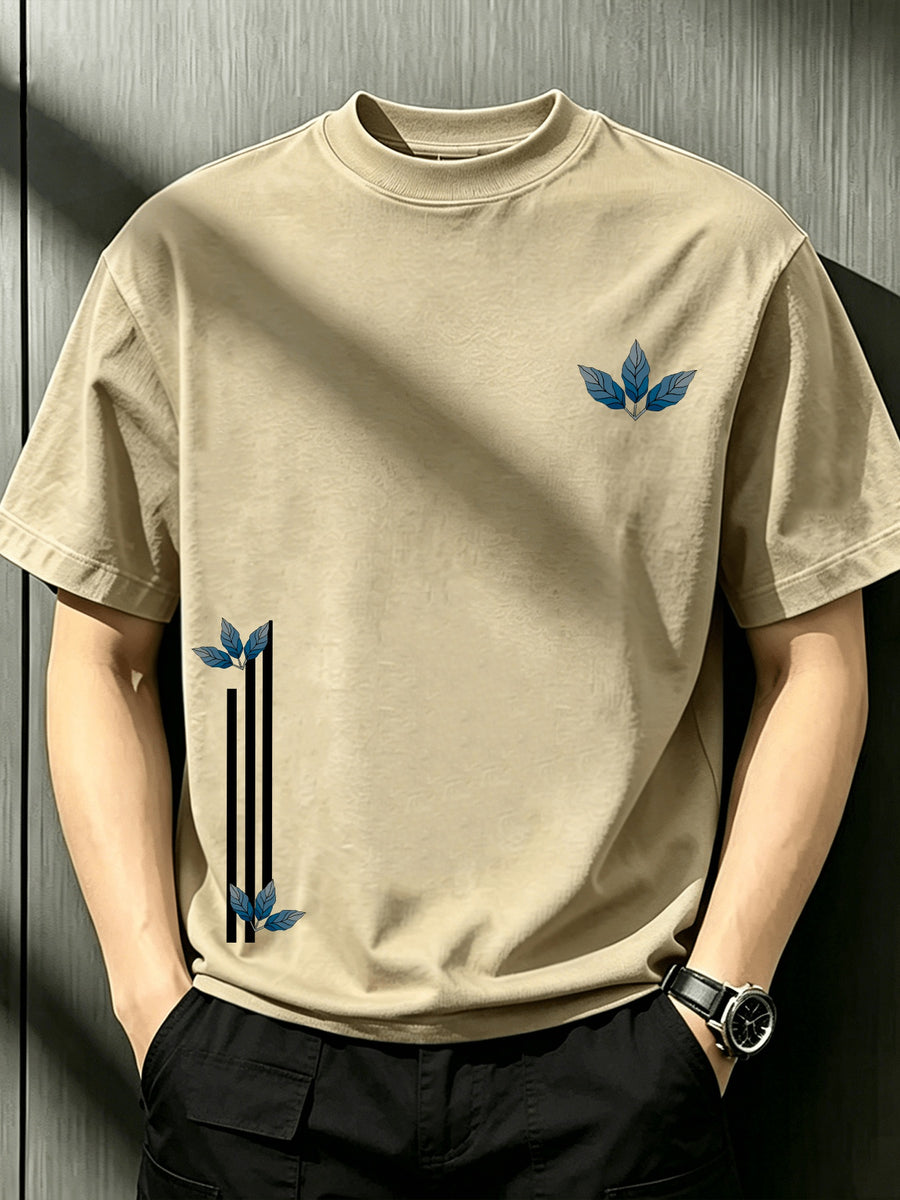 Men'S White Crew Neck Short Sleeve T-Shirt Printed with Minimalist Line Blue Maple Leaf, Niche Fresh Casual Loose Fit Breathable Basic Top for Summer - Khaki