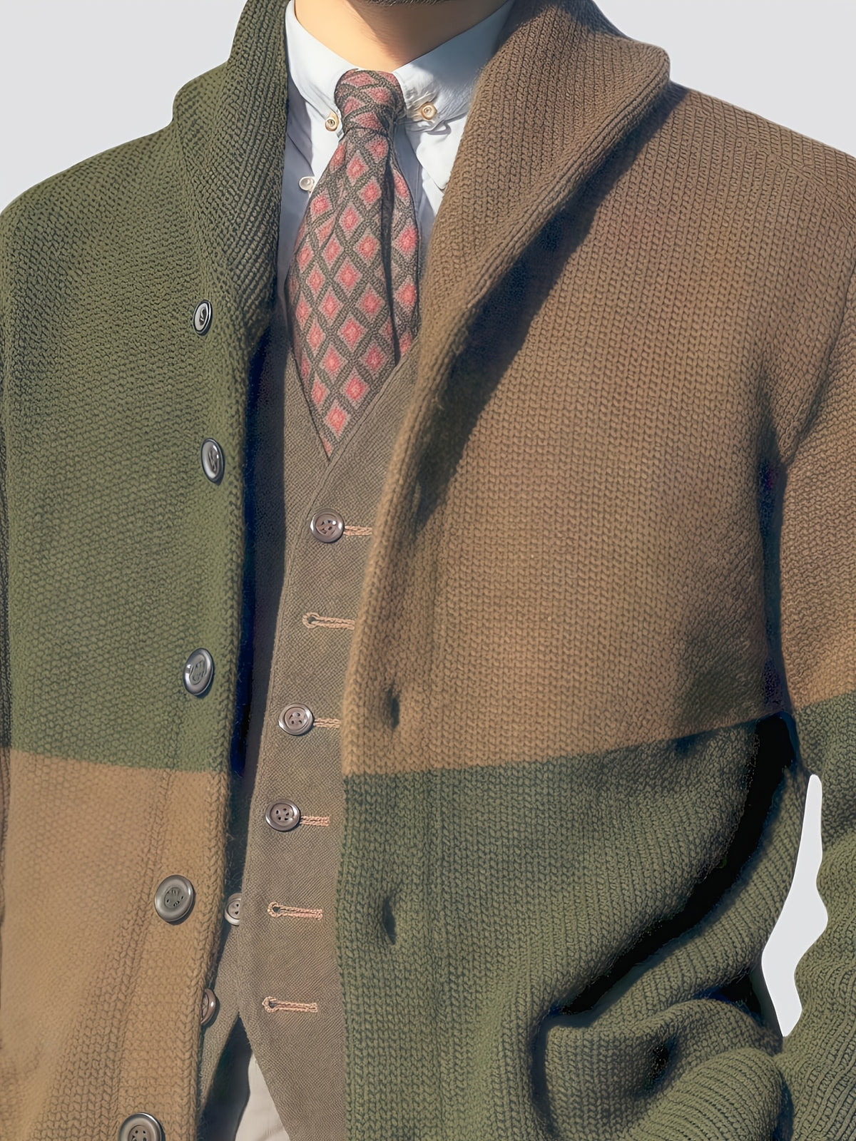 Men'S Elegant Patchwork Lapel Knit Cardigan, Unisex Color-Block Sweater Button-Up Jacket, Fashionable Casual Sweater for Men, Regular Fit for Spring And Autumn - Olive Green
